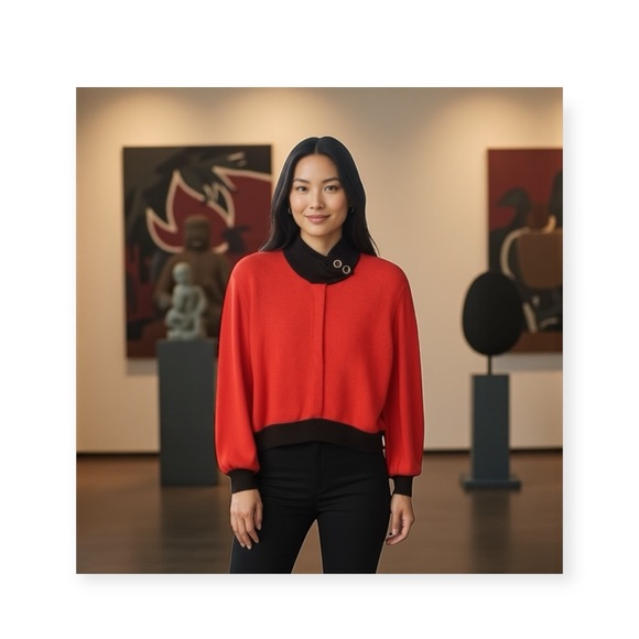 Vintage 70’s: St John Marie Grey ♔ Button Collar Knit Pullover Cardigan ♔ Red - Picture 1 of 16